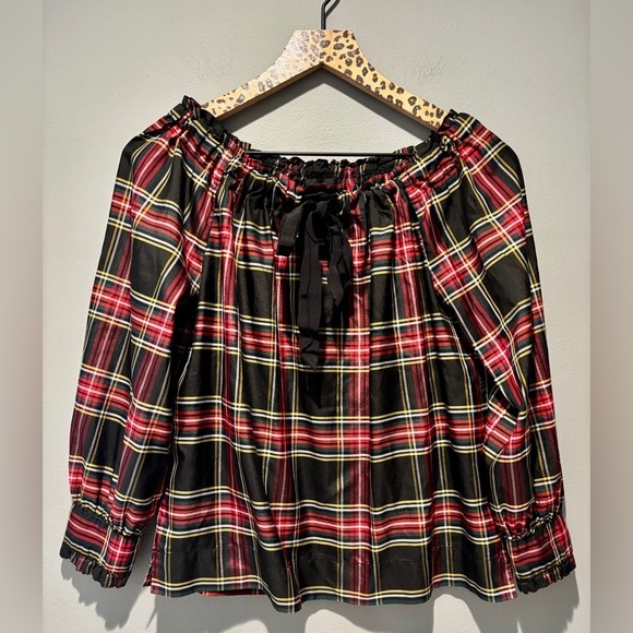 J. CREW | Stewart Tartan Plaid Off-Shoulder Adjustable Tie Blouse - Picture 2 of 6